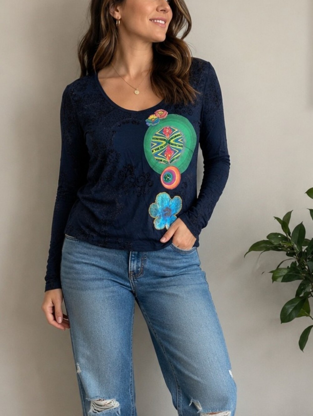 Desigual Embroidered Appliqué Long Sleeve Tee Boho Art Top Size M